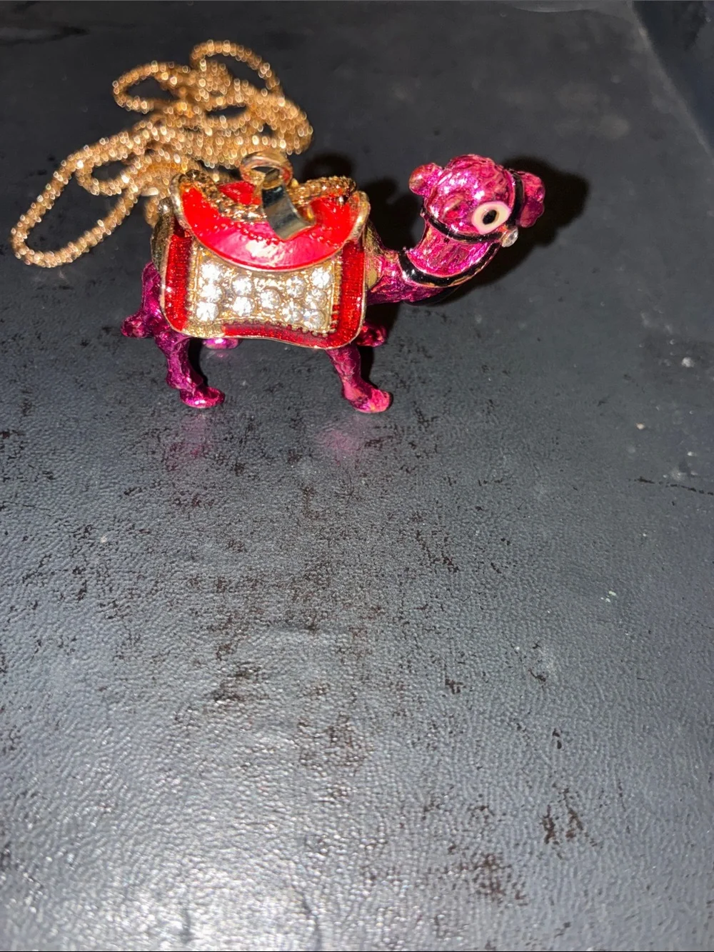 Camel Pink Enamel Pendant Necklace with Clear Crystals On The Saddle. Stands